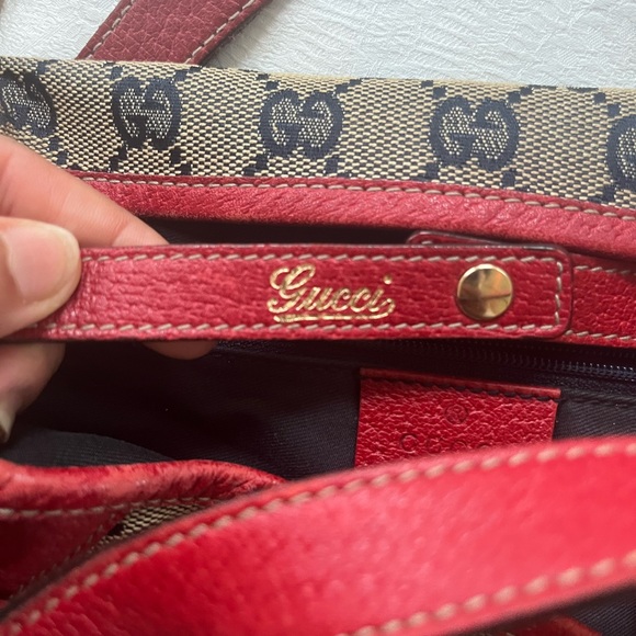 Gucci Red Leather Trim Monogram Bag - Picture 10 of 12